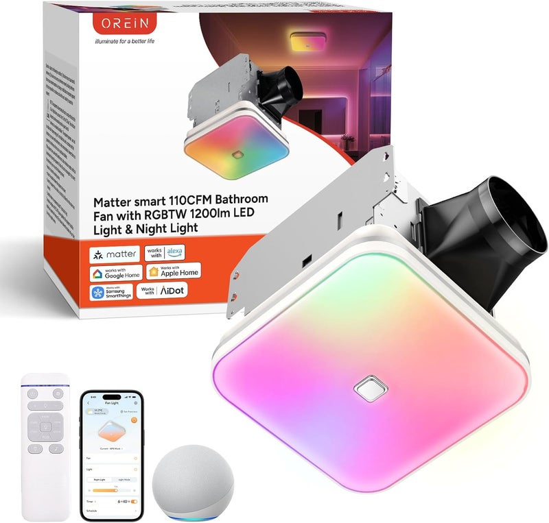 OREiN Matter Smart Bathroom Exhaust Fan with Light, Quiet 110 CFM Ventilation, 1200lm Dimmable LED with Night Light, AI RGB Lighting, 24-Zone Color, 2700K–6500K, Works with Alexa, Google & Apple Home - Image 1